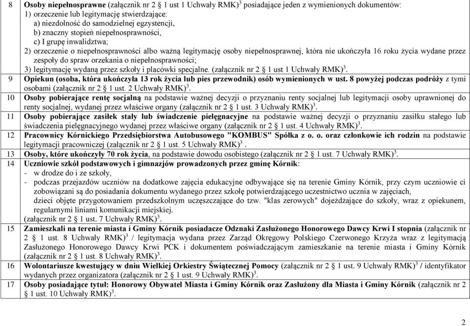 spraw orzekania o niepełnosprawności; 3) legitymację wydaną przez szkoły i placówki specjalne. (załącznik nr 2 ust Uchwały RMK) 3.