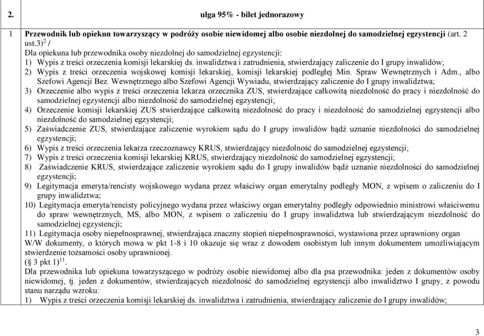 inwalidztwa i zatrudnienia, stwierdzający zaliczenie do I grupy inwalidów; 2) Wypis z treści orzeczenia wojskowej komisji lekarskiej, komisji lekarskiej podległej Min. Spraw Wewnętrznych i Adm.