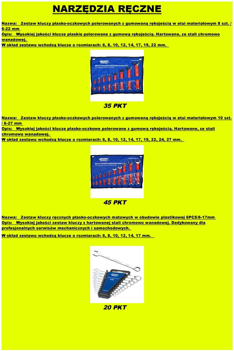 35 PKT Nazwa: Zestaw kluczy płasko-oczkowych polerowanych z gumowaną rękojeścią w etui materiałowym 10 szt. / 6-27 mm Wysokiej jakości klucze płasko-oczkowe polerowane z gumową rękojeścią.