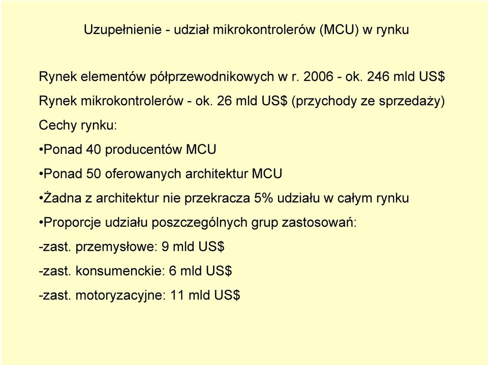 26 mld US$ (przychody ze sprzedaży) Cechy rynku: Ponad 40 producentów MCU Ponad 50 oferowanych architektur MCU