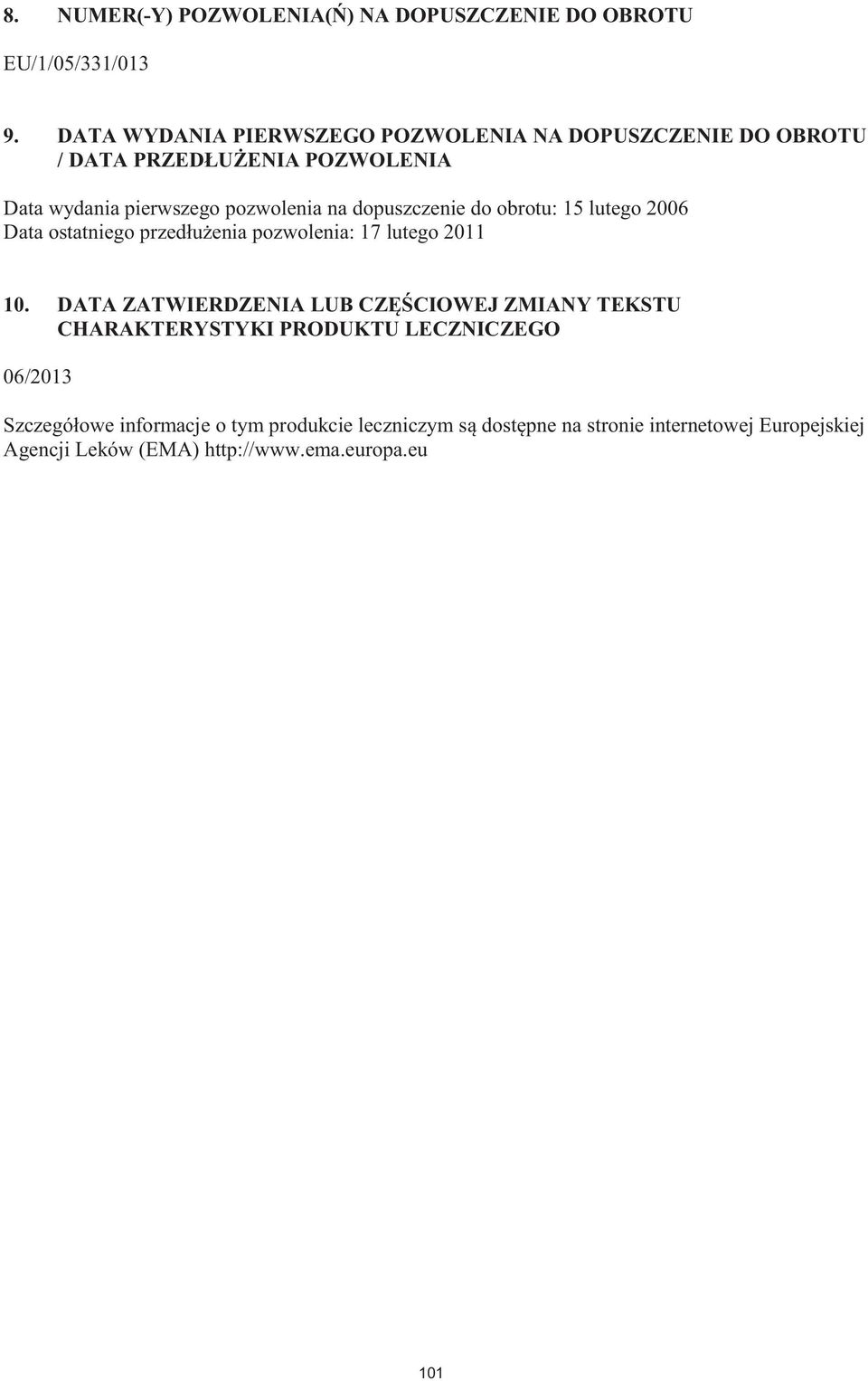 dopuszczenie do obrotu: 15 lutego 2006 Data ostatniego przedłużenia pozwolenia: 17 lutego 2011 10.