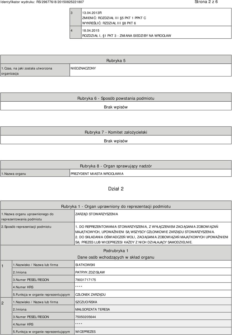 Nazwa organu PREZYDENT MIASTA WROCŁAWIA Dział 2 Rubryka 1 - Organ uprawniony do reprezentacji podmiotu 1.Nazwa organu uprawnionego do reprezentowania podmiotu 2.