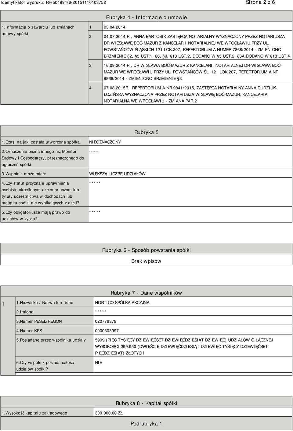 207, REPERTORIUM A NUMER 7868/2014 - ZMIENIONO BRZMIE 2, 5 UST.1, 6, 9, 13 UST.2, DODANO W 5 UST.2, 6A,DODANO W 13 UST.4 3 16.09.2014 R.