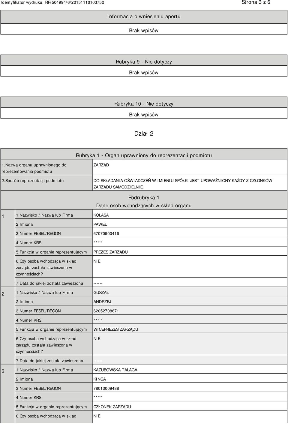 Nazwisko / Nazwa lub Firma KOLASA Podrubryka 1 Dane osób wchodzących w skład organu 2.Imiona PAWEŁ 3.Numer PESEL/REGON 67070900416 4.Numer KRS **** 5.Funkcja w organie reprezentującym 6.