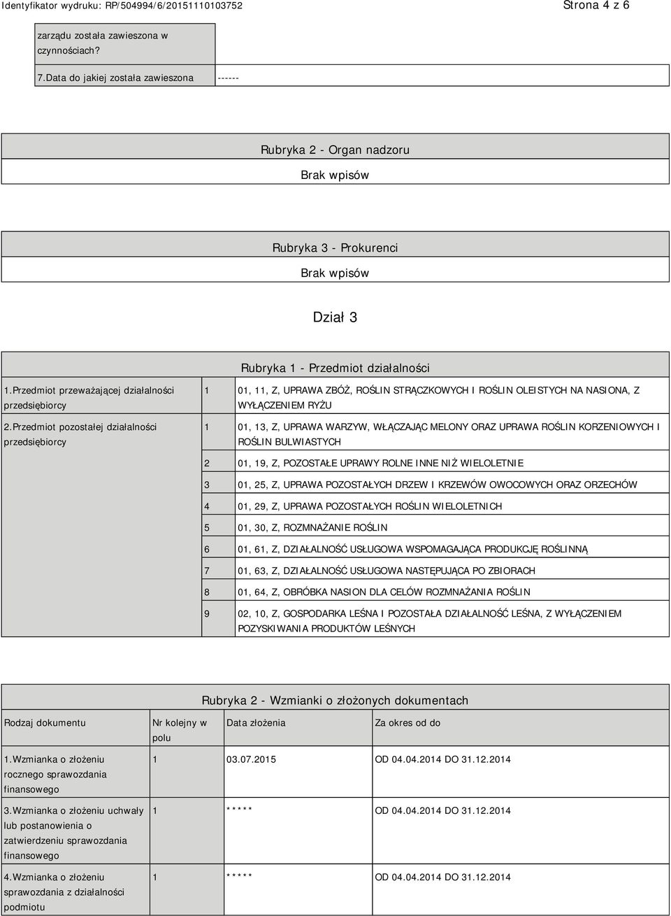 Przedmiot pozostałej działalności przedsiębiorcy 1 01, 11, Z, UPRAWA ZBÓŻ, ROŚLIN STRĄCZKOWYCH I ROŚLIN OLEISTYCH NA NASIONA, Z WYŁĄCZEM RYŻU 1 01, 13, Z, UPRAWA WARZYW, WŁĄCZAJĄC MELONY ORAZ UPRAWA