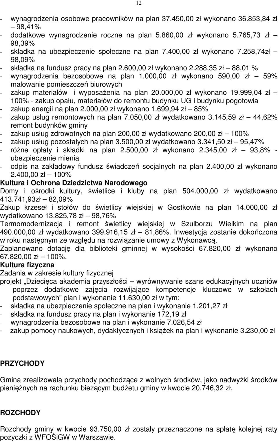 288,35 zł 88,01 % - wynagrodzenia bezosobowe na plan 1.000,00 zł wykonano 590,00 zł 59% malowanie pomieszczeń biurowych - zakup materiałów i wyposażenia na plan 20.000,00 zł wykonano 19.