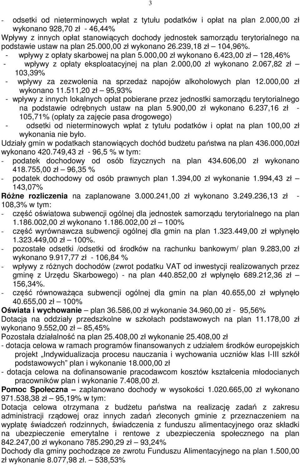 - wpływy z opłaty skarbowej na plan 5.000,00 zł wykonano 6.423,00 zł 128,46% - wpływy z opłaty eksploatacyjnej na plan 2.000,00 zł wykonano 2.