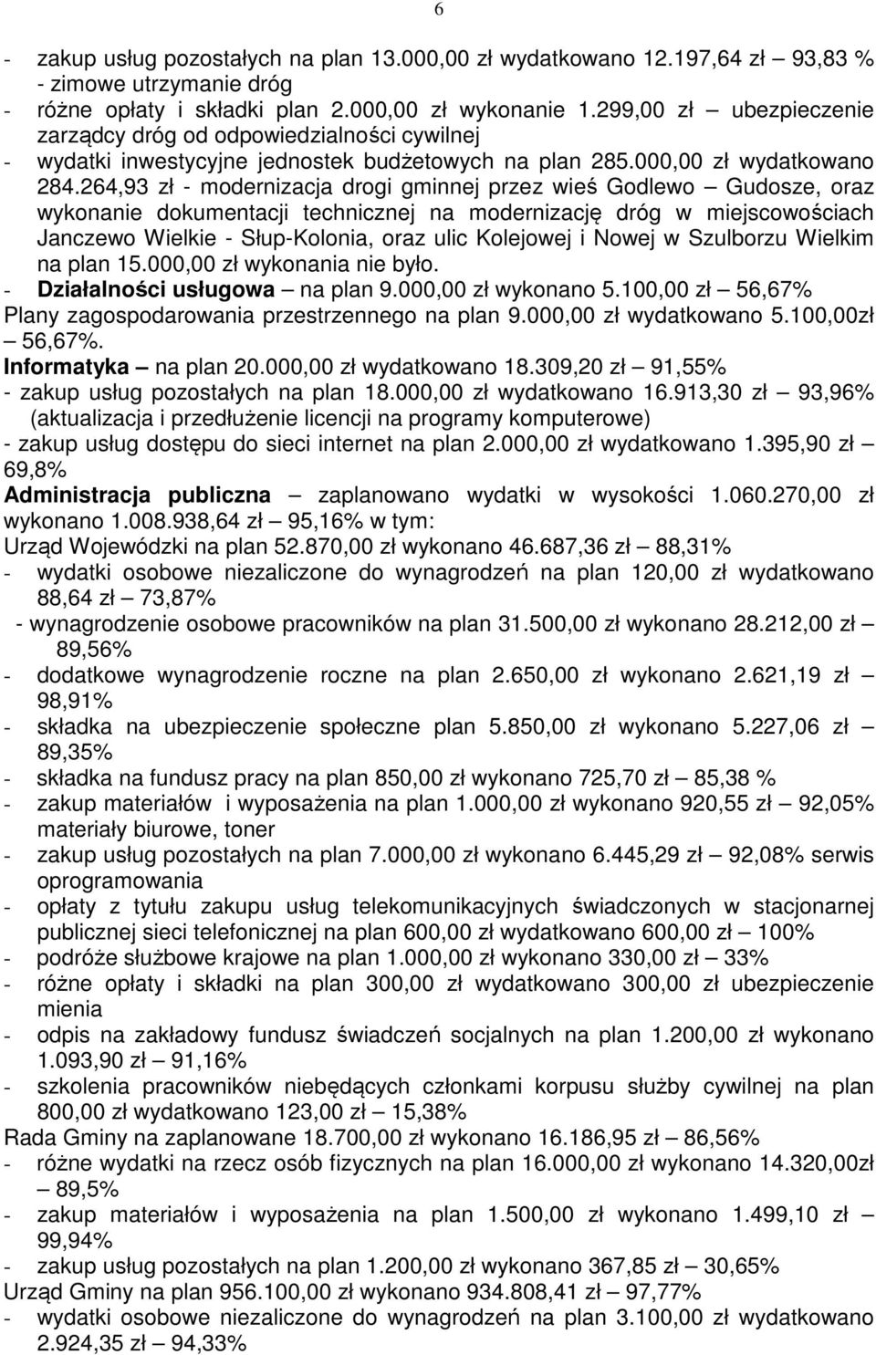 264,93 zł - modernizacja drogi gminnej przez wieś Godlewo Gudosze, oraz wykonanie dokumentacji technicznej na modernizację dróg w miejscowościach Janczewo Wielkie - Słup-Kolonia, oraz ulic Kolejowej