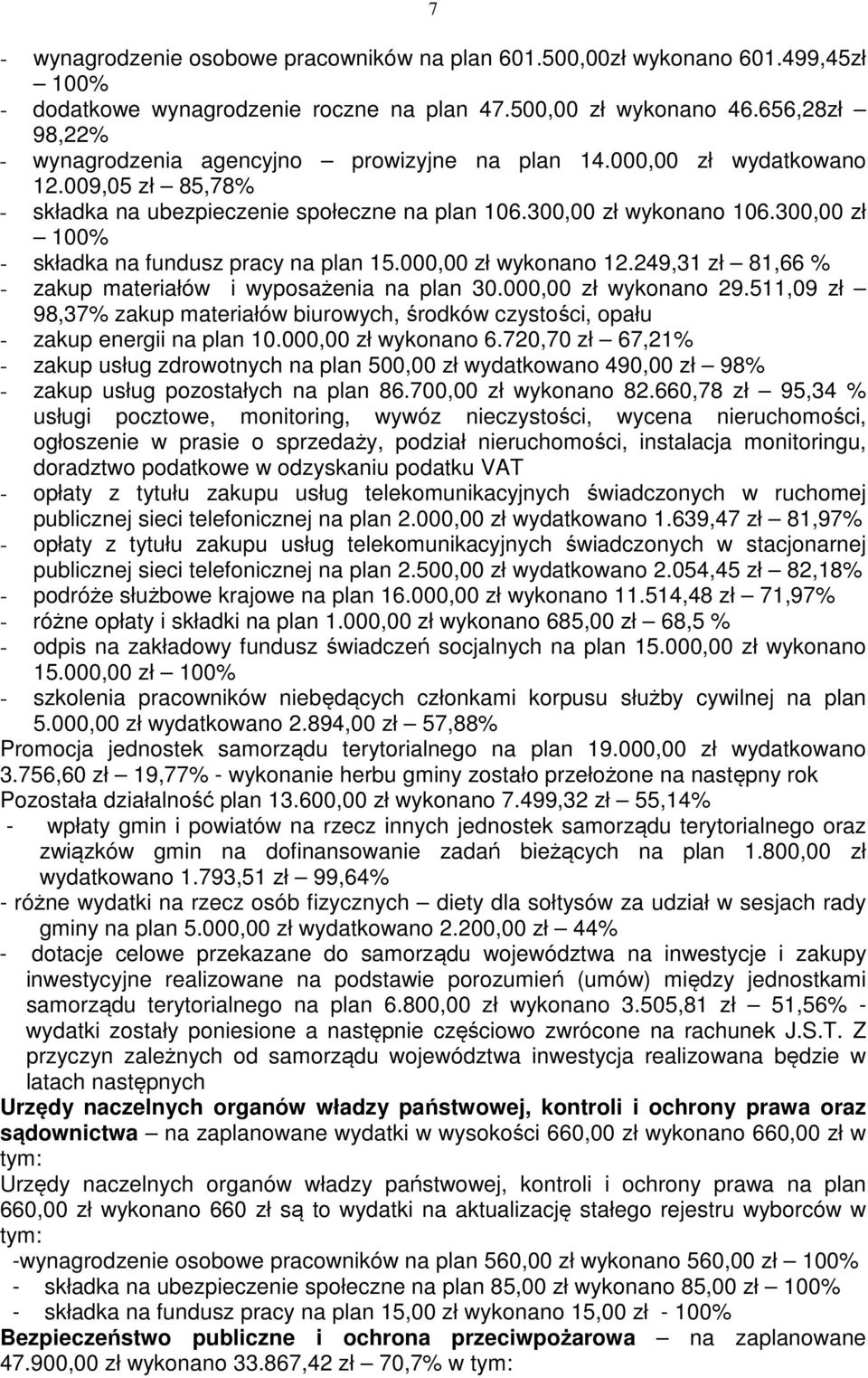 300,00 zł 100% - składka na fundusz pracy na plan 15.000,00 zł wykonano 12.249,31 zł 81,66 % - zakup materiałów i wyposażenia na plan 30.000,00 zł wykonano 29.