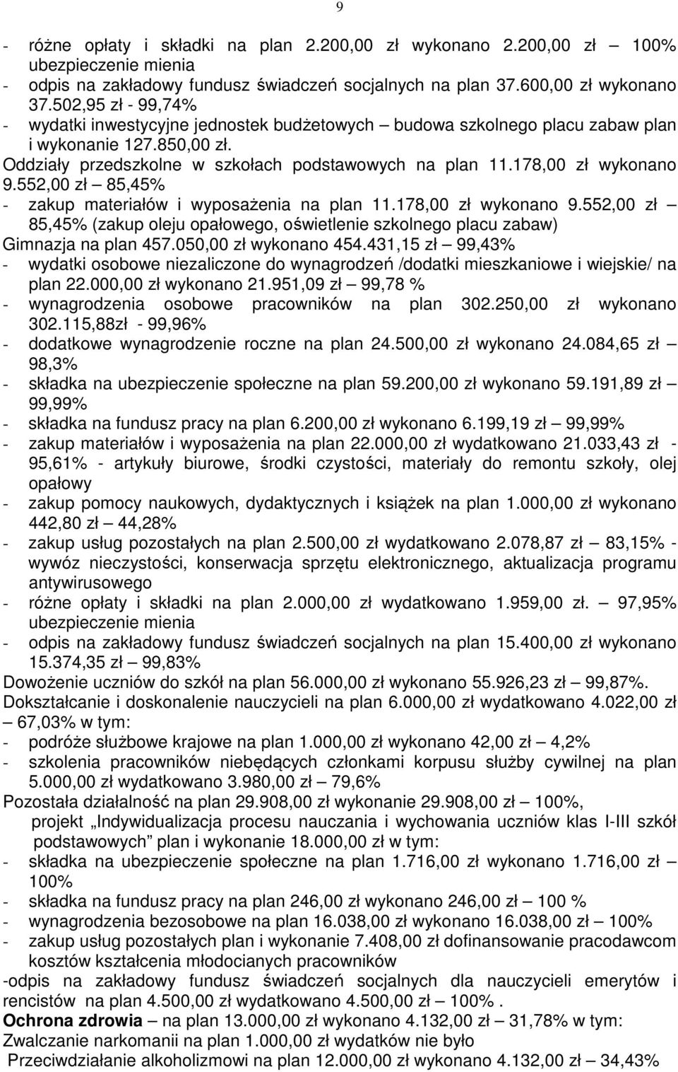 178,00 zł wykonano 9.552,00 zł 85,45% - zakup materiałów i wyposażenia na plan 11.178,00 zł wykonano 9.552,00 zł 85,45% (zakup oleju opałowego, oświetlenie szkolnego placu zabaw) Gimnazja na plan 457.