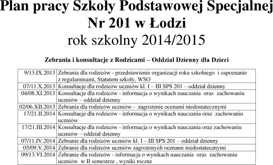 I III SPS 201 oddział dzienny 04/08.XI.2013 Konsultacje dla rodziców - informacja o wynikach nauczania oraz zachowaniu uczniów oddział dzienny 02/06.XII.