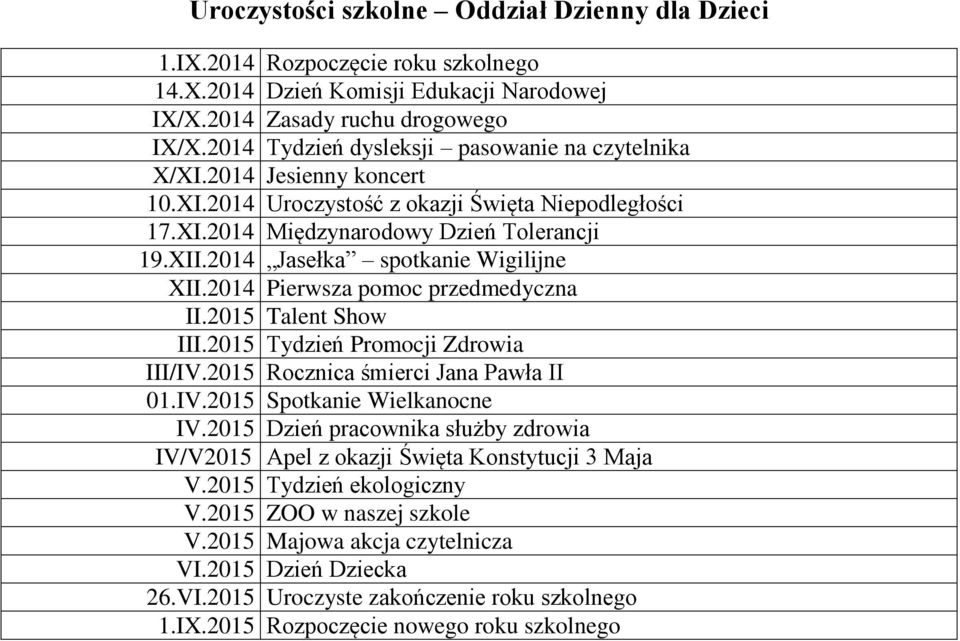 2014 Jasełka spotkanie Wigilijne XII.2014 Pierwsza pomoc przedmedyczna II.2015 Talent Show III.2015 Tydzień Promocji Zdrowia III/IV.2015 Rocznica śmierci Jana Pawła II 01.IV.2015 Spotkanie Wielkanocne IV.