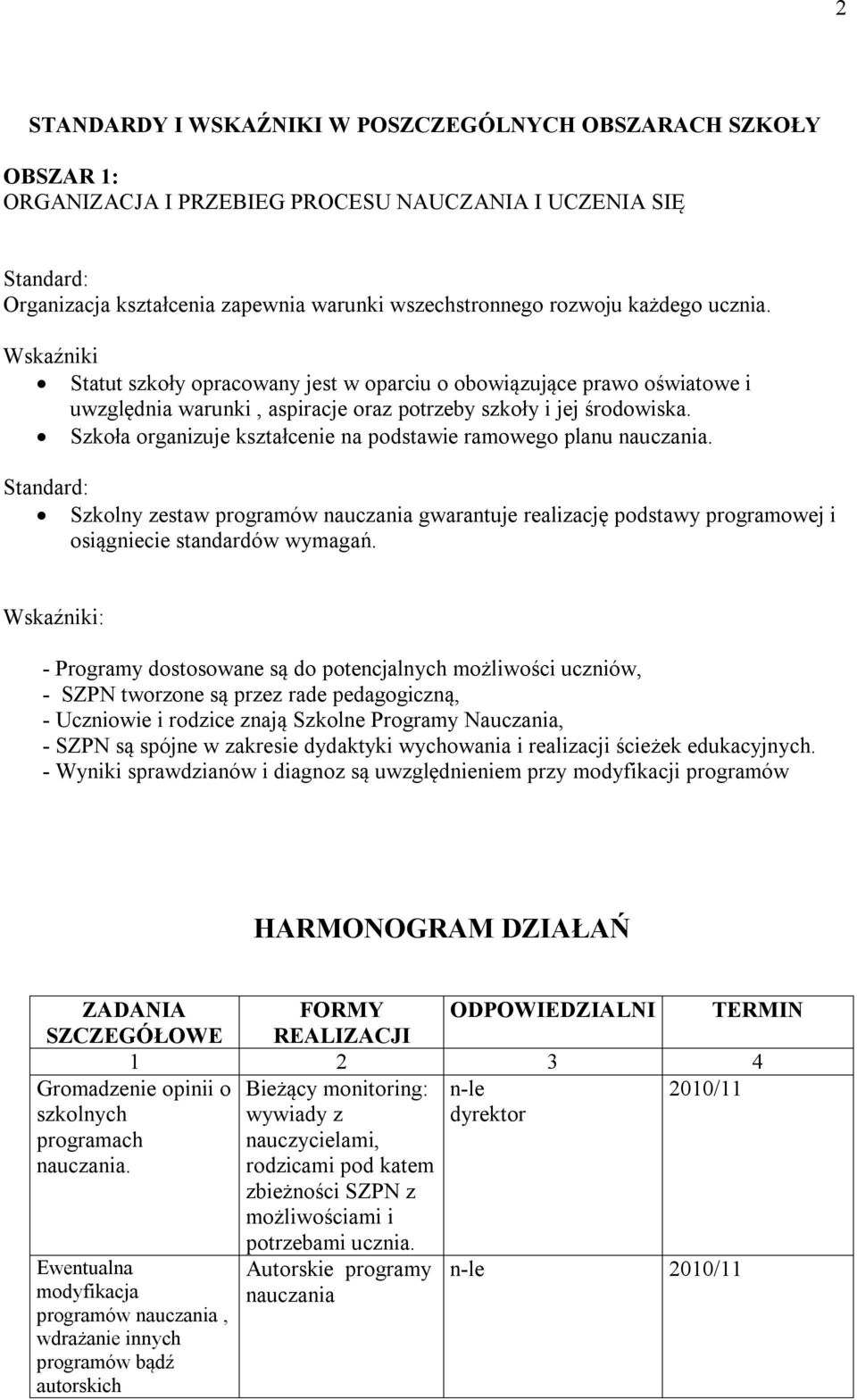 Szkoła organizuje kształcenie na podstawie ramowego planu nauczania. Standard: Szkolny zestaw programów nauczania gwarantuje realizację podstawy programowej i osiągniecie standardów wymagań.