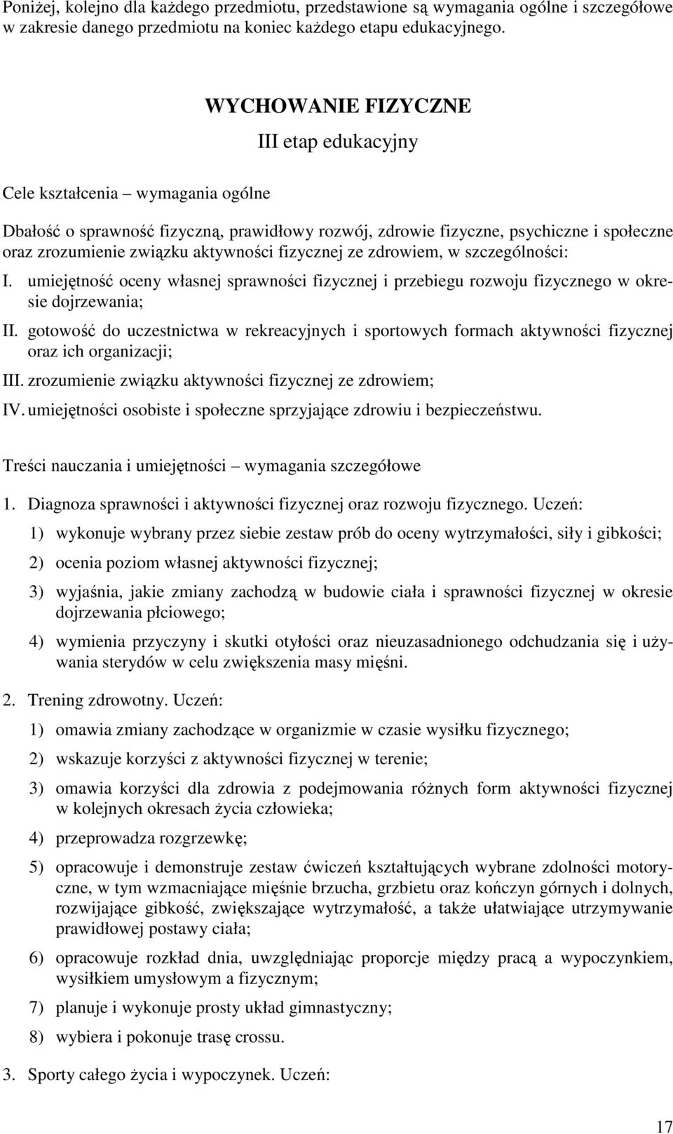 fizycznej ze zdrowiem, w szczególności: I. umiejętność oceny własnej sprawności fizycznej i przebiegu rozwoju fizycznego w okresie dojrzewania; II.