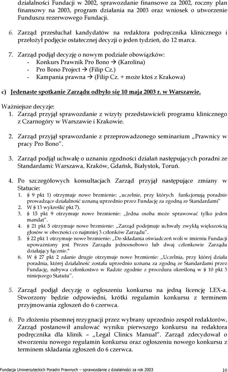 Zarząd podjął decyzję o nowym podziale obowiązków: - Konkurs Prawnik Pro Bono (Karolina) - Pro Bono Project (Filip Cz.) - Kampania prawna (Filip Cz.