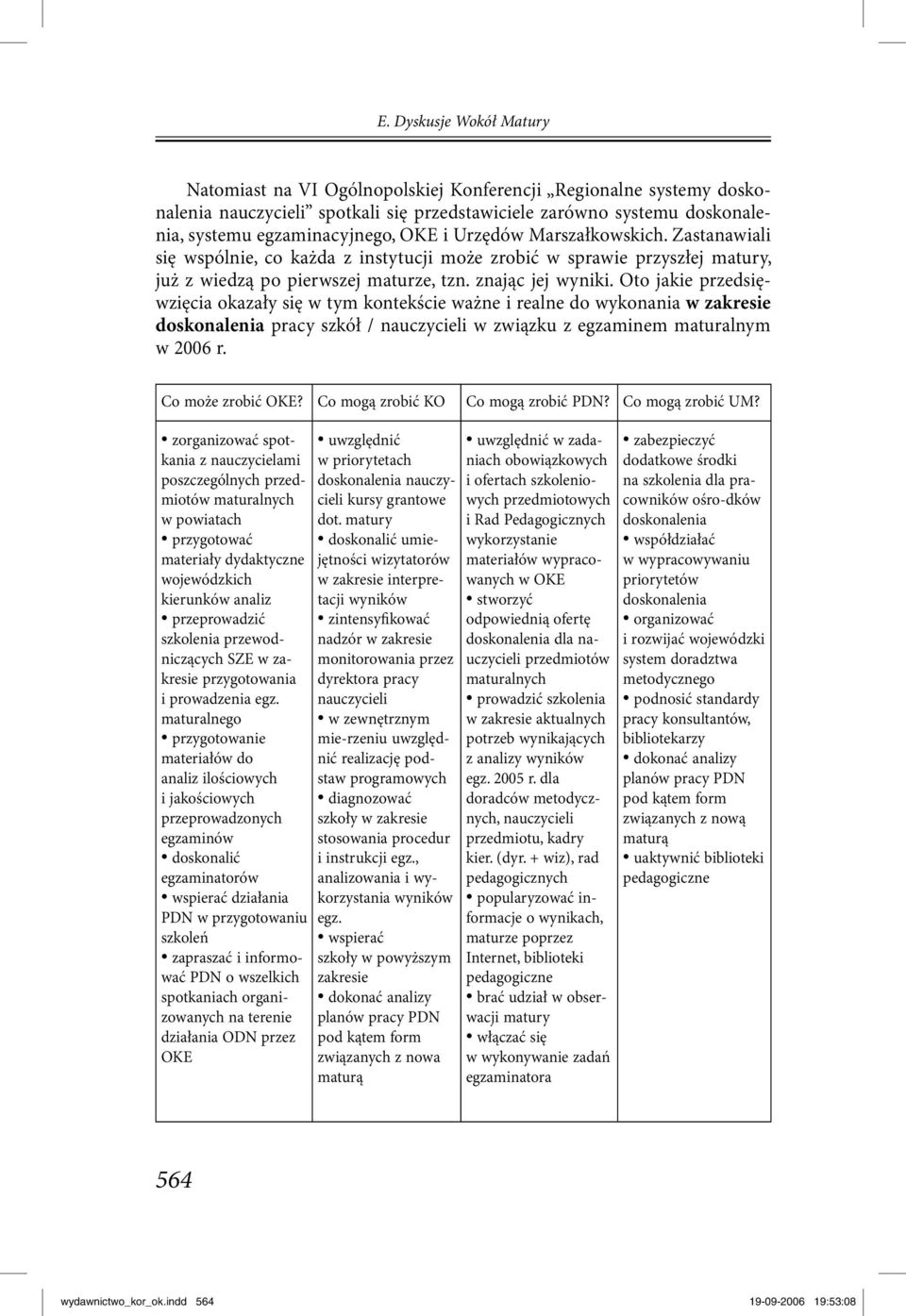 Oto jakie przedsięwzięcia okazały się w tym kontekście ważne i realne do wykonania w zakresie doskonalenia pracy szkół / nauczycieli w związku z egzaminem maturalnym w 2006 r. Co może zrobić OKE?