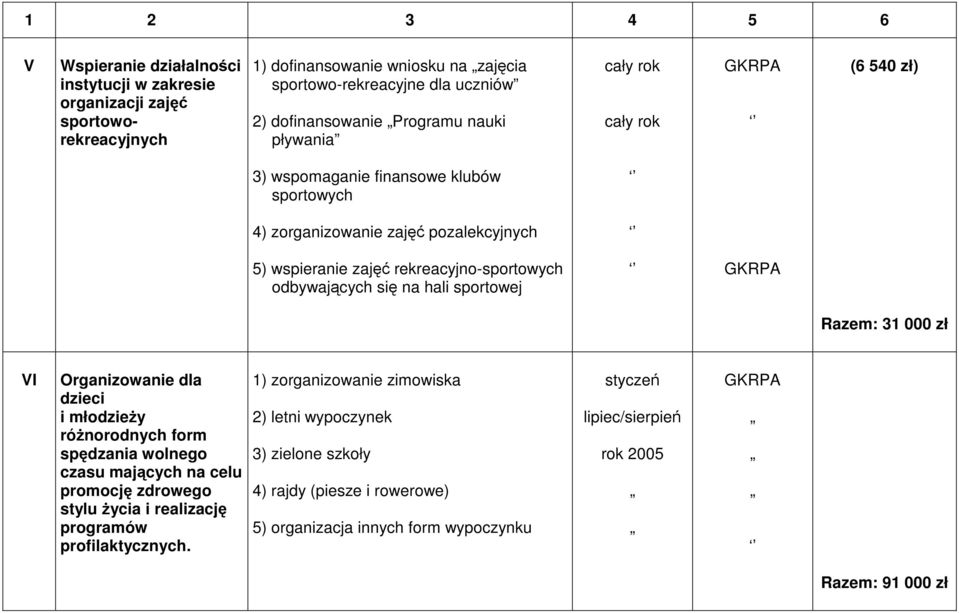 hali sportowej Razem: 31 000 zł VI Organizowanie dla dzieci i młodzieŝy róŝnorodnych form spędzania wolnego czasu mających na celu promocję zdrowego stylu Ŝycia i realizację