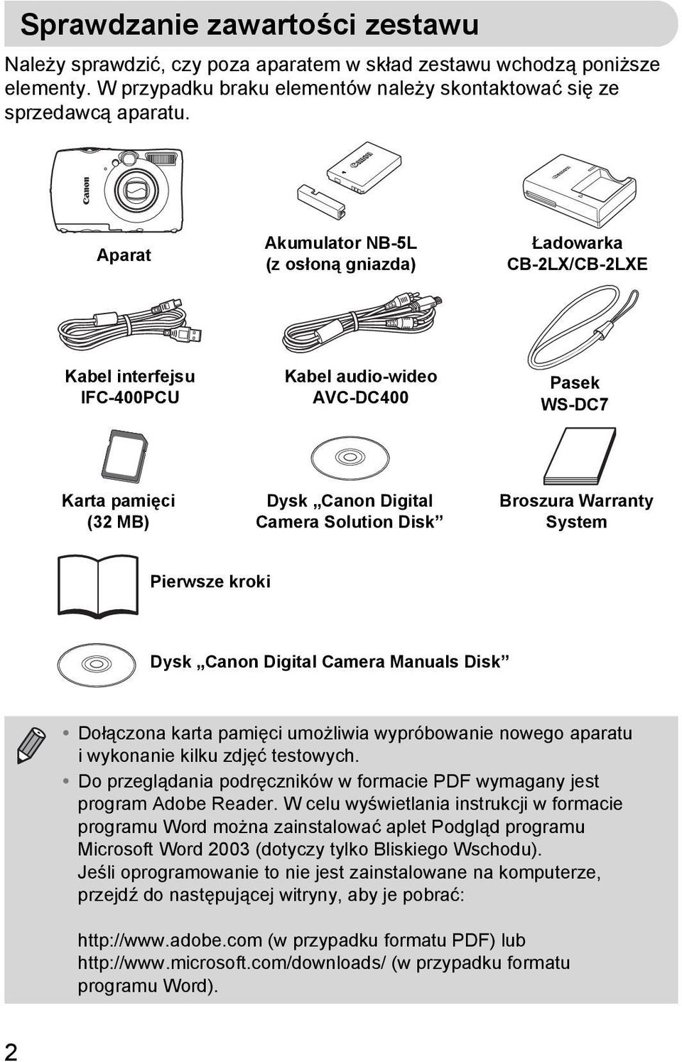 Broszura Warranty System Pierwsze kroki Dysk Canon Digital Camera Manuals Disk Dołączona karta pamięci umożliwia wypróbowanie nowego aparatu i wykonanie kilku zdjęć testowych.