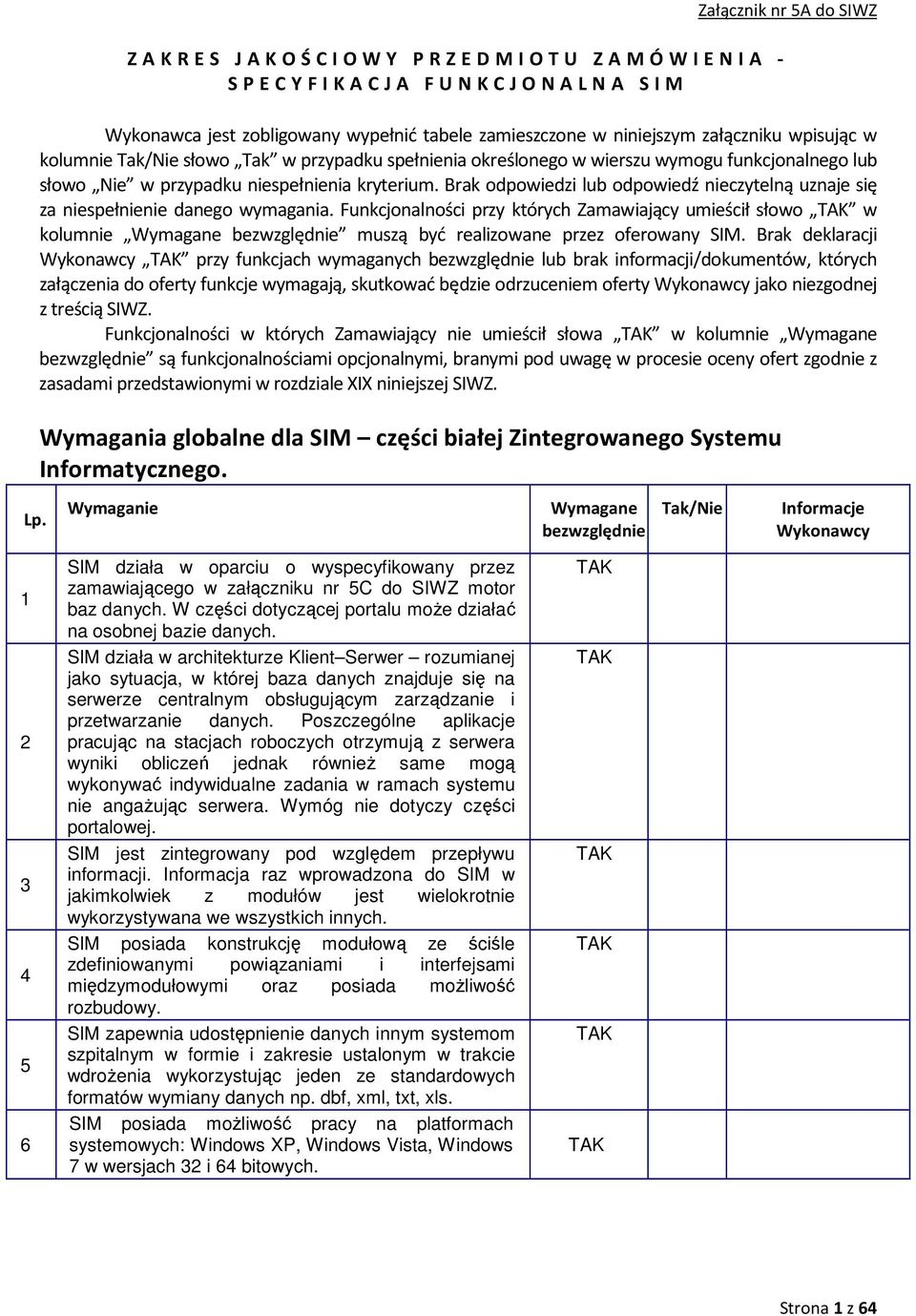 Brak odpowiedzi lub odpowiedź nieczytelną uznaje się za niespełnienie danego wymagania. Funkcjonalności przy których Zamawiający umieścił słowo w kolumnie muszą być realizowane przez oferowany SIM.