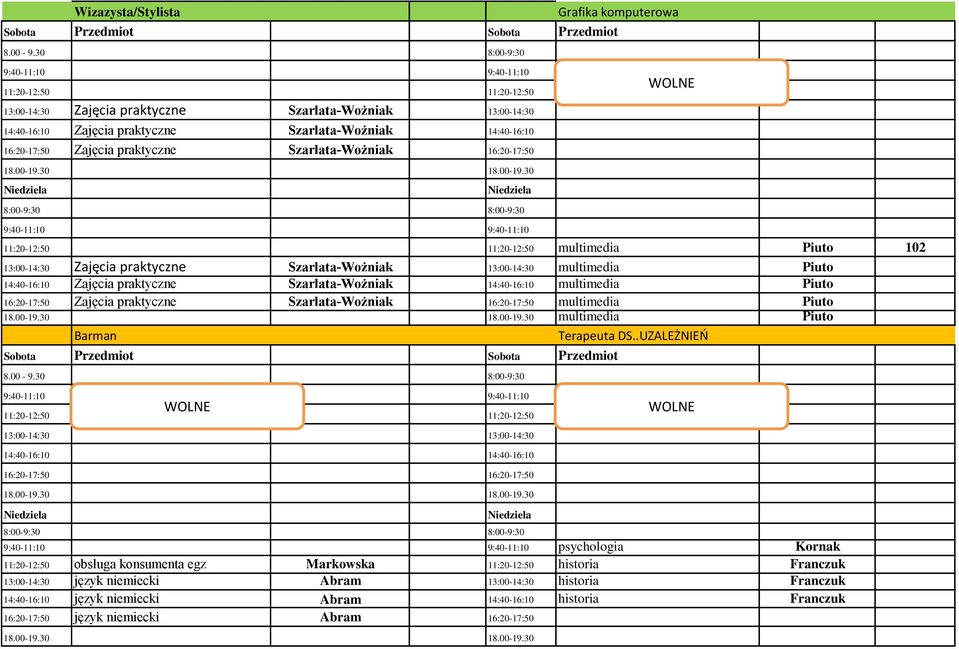 102 13:00-14:30 Zajęcia praktyczne Szarłata-Wożniak 13:00-14:30 multimedia Piuto 14:40-16:10 Zajęcia praktyczne Szarłata-Wożniak 14:40-16:10 multimedia Piuto 16:20-17:50 Zajęcia praktyczne
