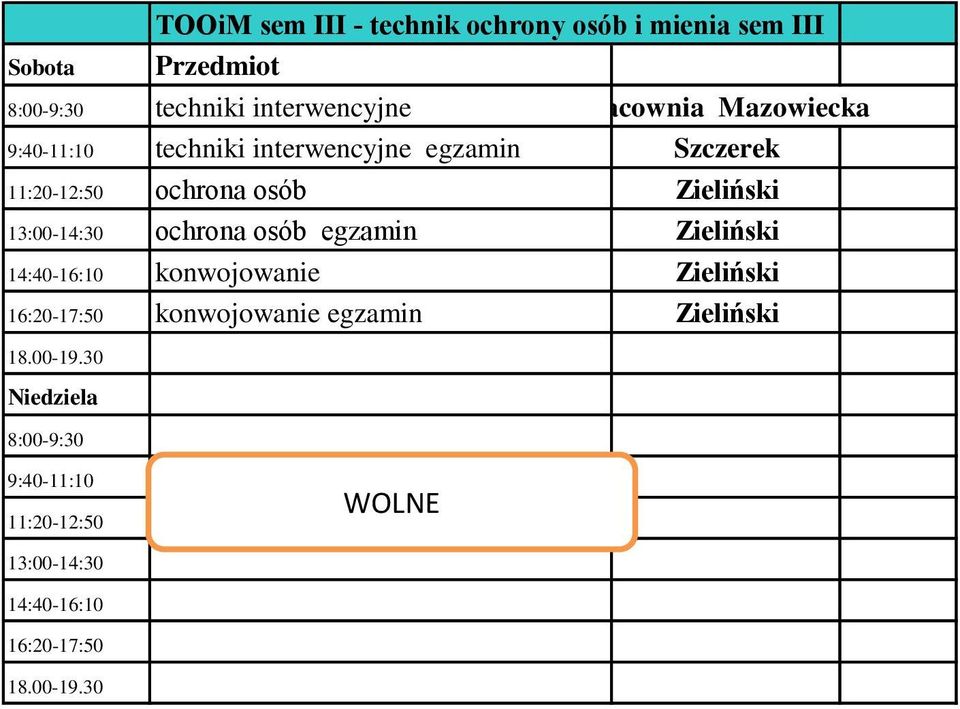 osób Zieliński 13:00-14:30 ochrona osób egzamin Zieliński 14:40-16:10 konwojowanie Zieliński