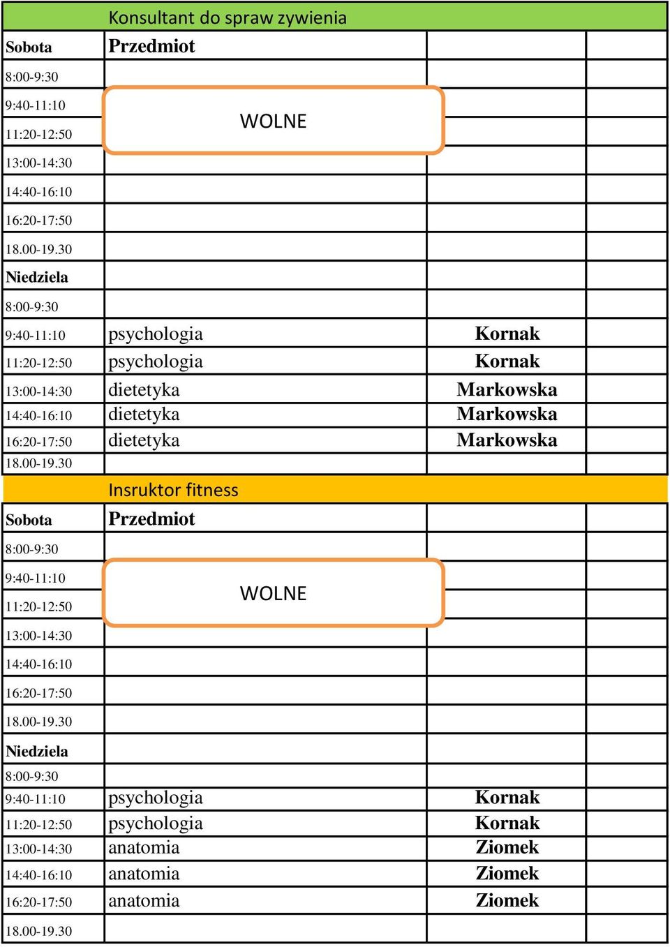 16:20-17:50 dietetyka Markowska Sobota Insruktor fitness Przedmiot 9:40-11:10 11:20-12:50 13:00-14:30 14:40-16:10