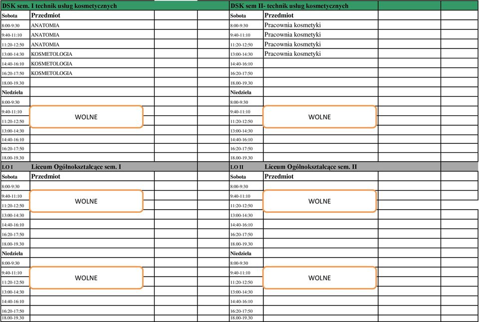 9:40-11:10 ANATOMIA 9:40-11:10 Pracownia kosmetyki 11:20-12:50 ANATOMIA 11:20-12:50 Pracownia kosmetyki