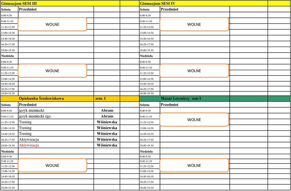 Abram 9:40-11:10 11:20-12:50 Trening Wiśniewska 11:20-12:50 13:00-14:30 Trening