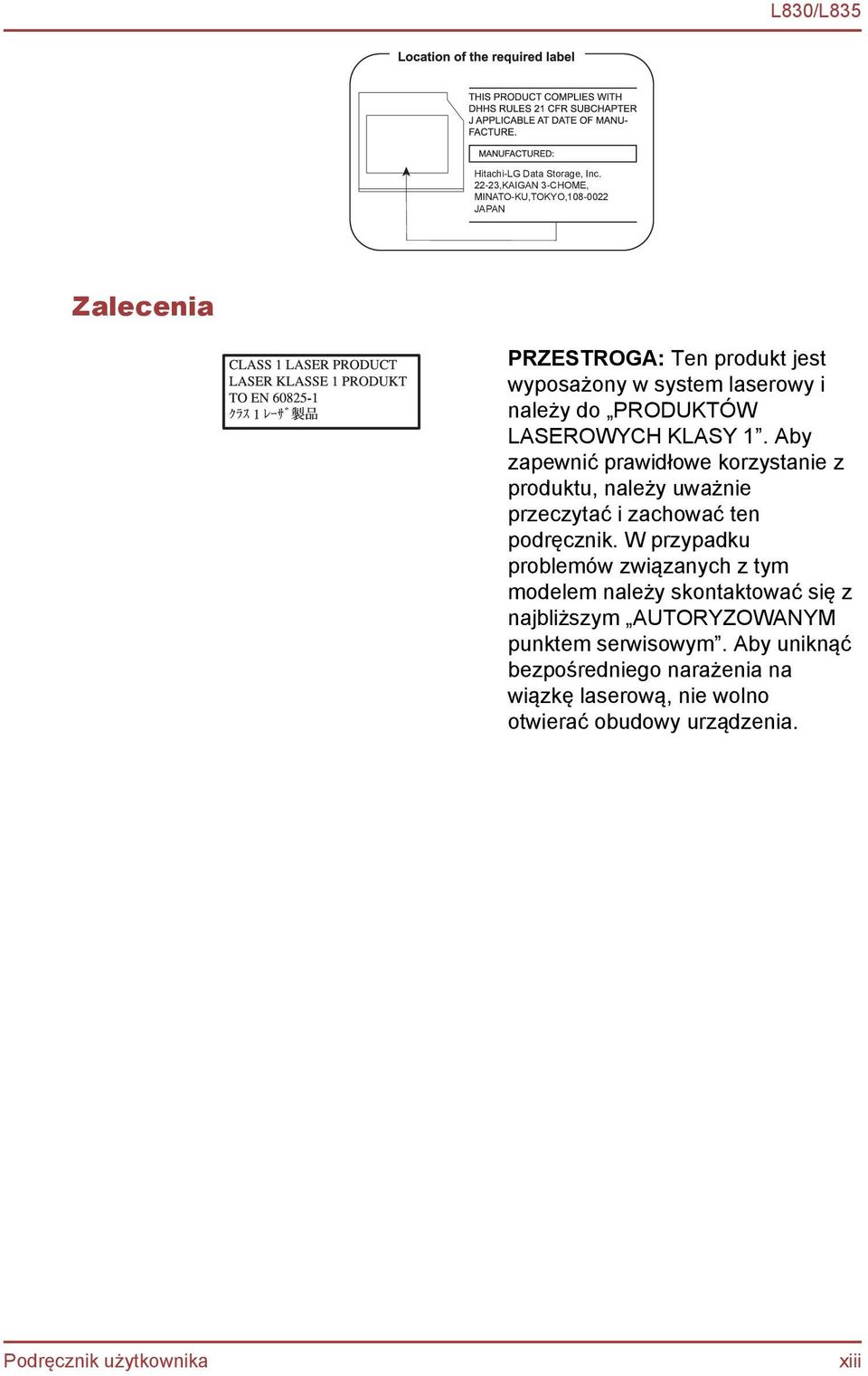 PRODUKTÓW LASEROWYCH KLASY 1. Aby zapewnić prawidłowe korzystanie z produktu, należy uważnie przeczytać i zachować ten podręcznik.