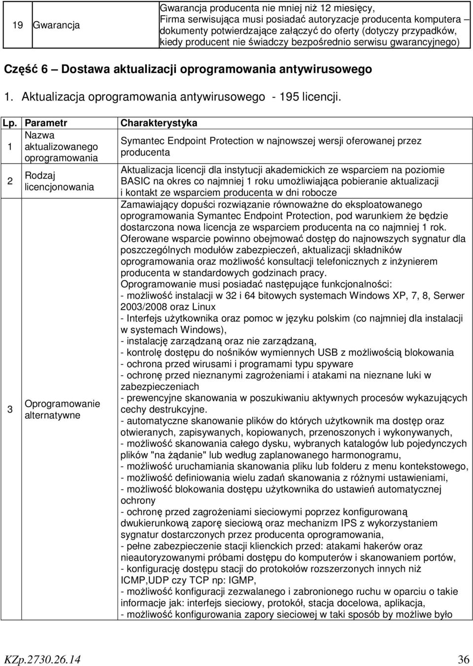 Parametr Nazwa 1 aktualizowanego oprogramowania 2 3 Rodzaj licencjonowania Oprogramowanie alternatywne Charakterystyka Symantec Endpoint Protection w najnowszej wersji oferowanej przez producenta