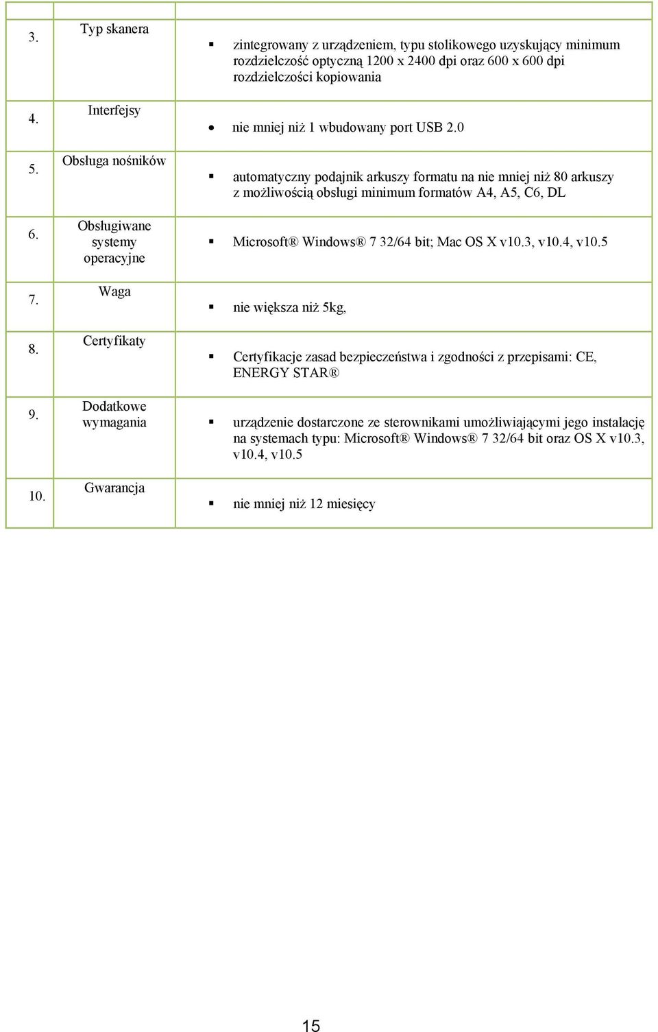 Obsługiwane systemy operacyjne Microsoft Windows 7 32/64 bit; Mac OS X v10.3, v10.4, v10.5 7. Waga nie większa niż 5kg, 8.