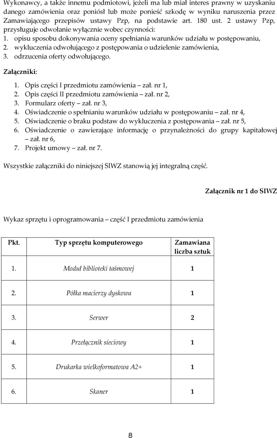 wykluczenia odwołującego z postępowania o udzielenie zamówienia, 3. odrzucenia oferty odwołującego. Załączniki: 1. Opis części I przedmiotu zamówienia zał. nr 1, 2.