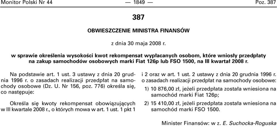 3 ustawy z dnia 20 grudnia 1996 r. o zasadach realizacji przedp at na samochody osobowe (Dz. U. Nr 156, poz.