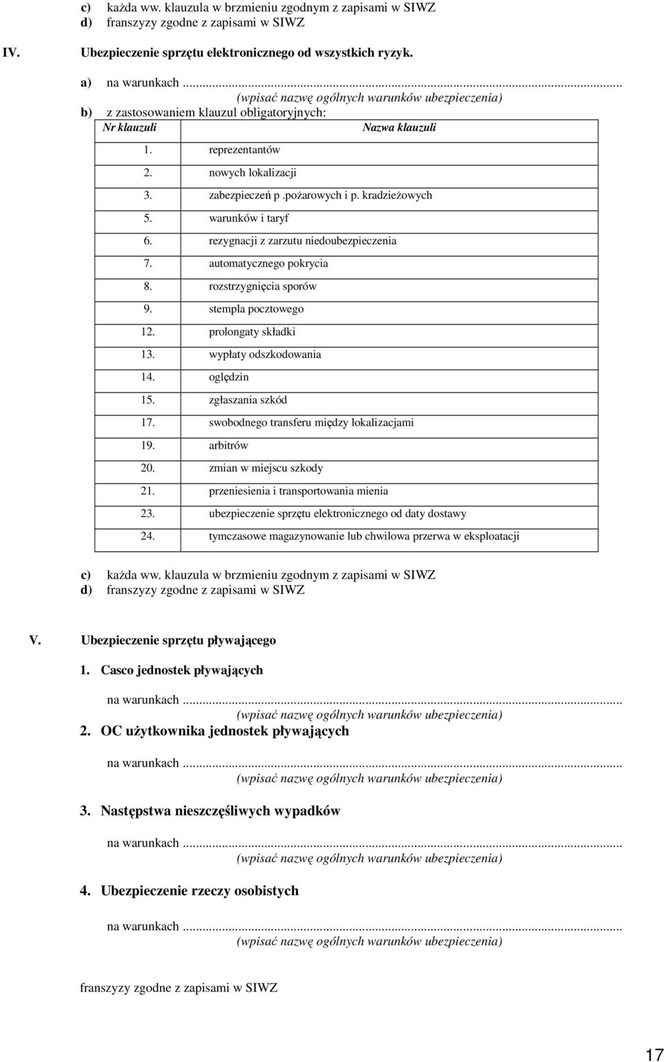 kradzieŝowych 5. warunków i taryf 6. rezygnacji z zarzutu niedoubezpieczenia 7. automatycznego pokrycia 8. rozstrzygnięcia sporów 9. stempla pocztowego 12. prolongaty składki 13.