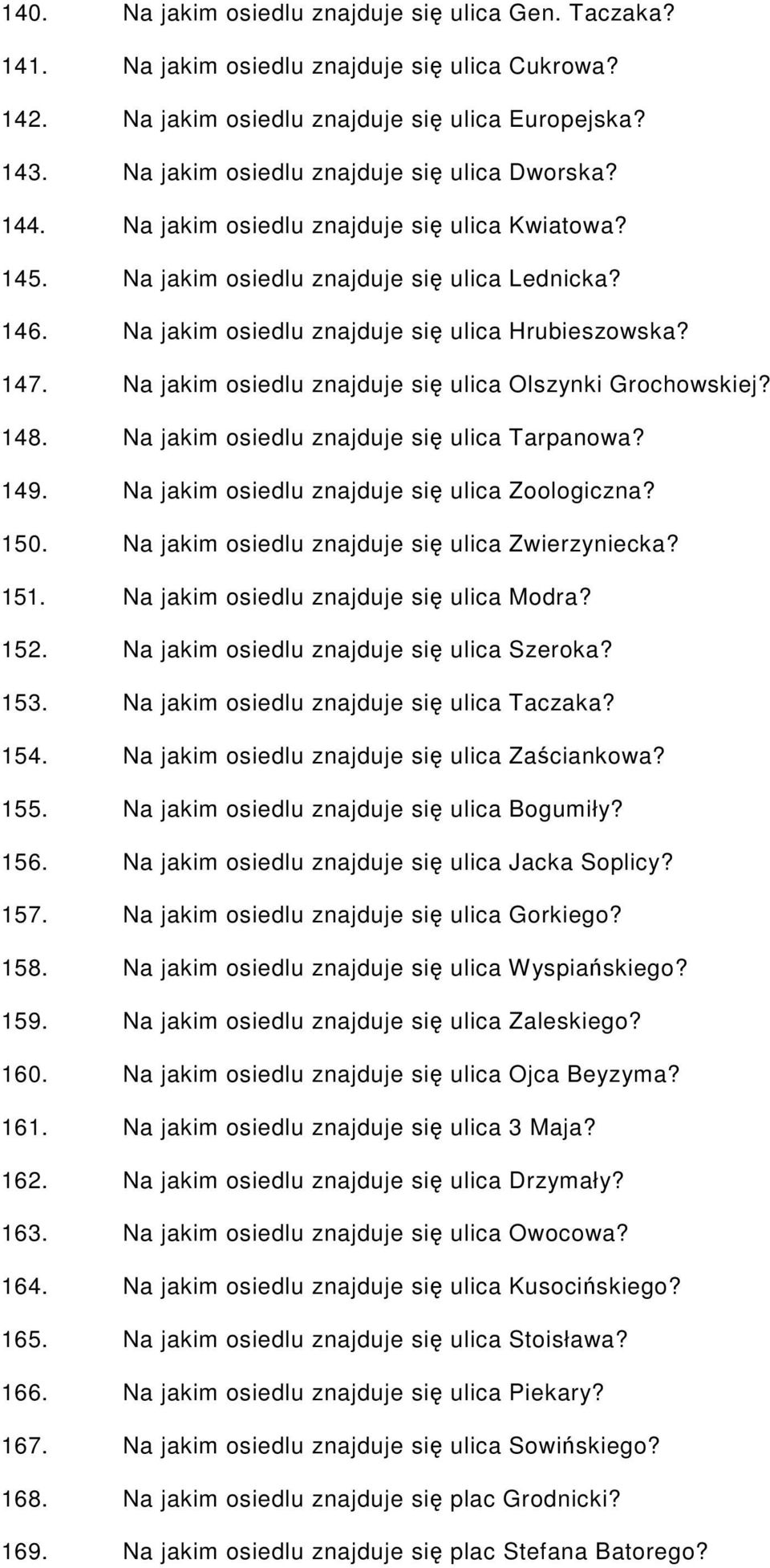 Na jakim osiedlu znajduje się ulica Hrubieszowska? 147. Na jakim osiedlu znajduje się ulica Olszynki Grochowskiej? 148. Na jakim osiedlu znajduje się ulica Tarpanowa? 149.