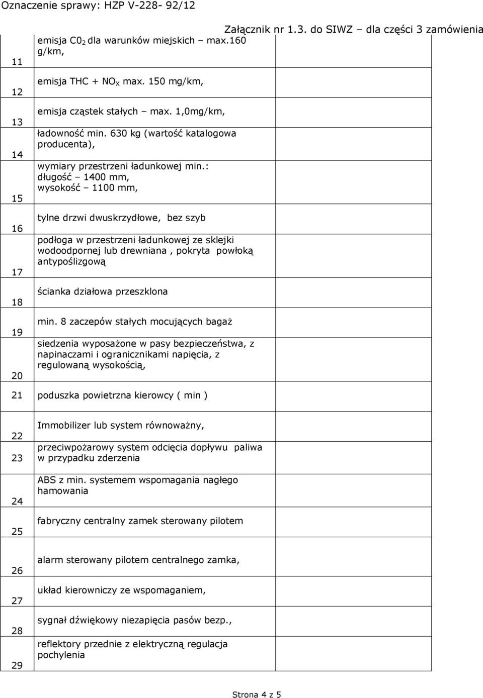 : długość 1400 mm, wysokość 1100 mm, tylne drzwi dwuskrzydłowe, bez szyb podłoga w przestrzeni ładunkowej ze sklejki wodoodpornej lub drewniana, pokryta powłoką antypoślizgową ścianka działowa