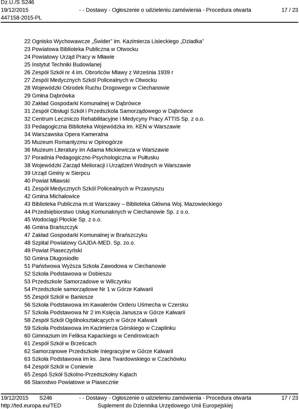 Obrońców Mlawy z Września 1939 r 27 Zespól Medycznych Szkól Policealnych w Otwocku 28 Wojewódzki Ośrodek Ruchu Drogowego w Ciechanowie 29 Gmina Dąbrówka 30 Zakład Gospodarki Komunalnej w Dąbrówce 31