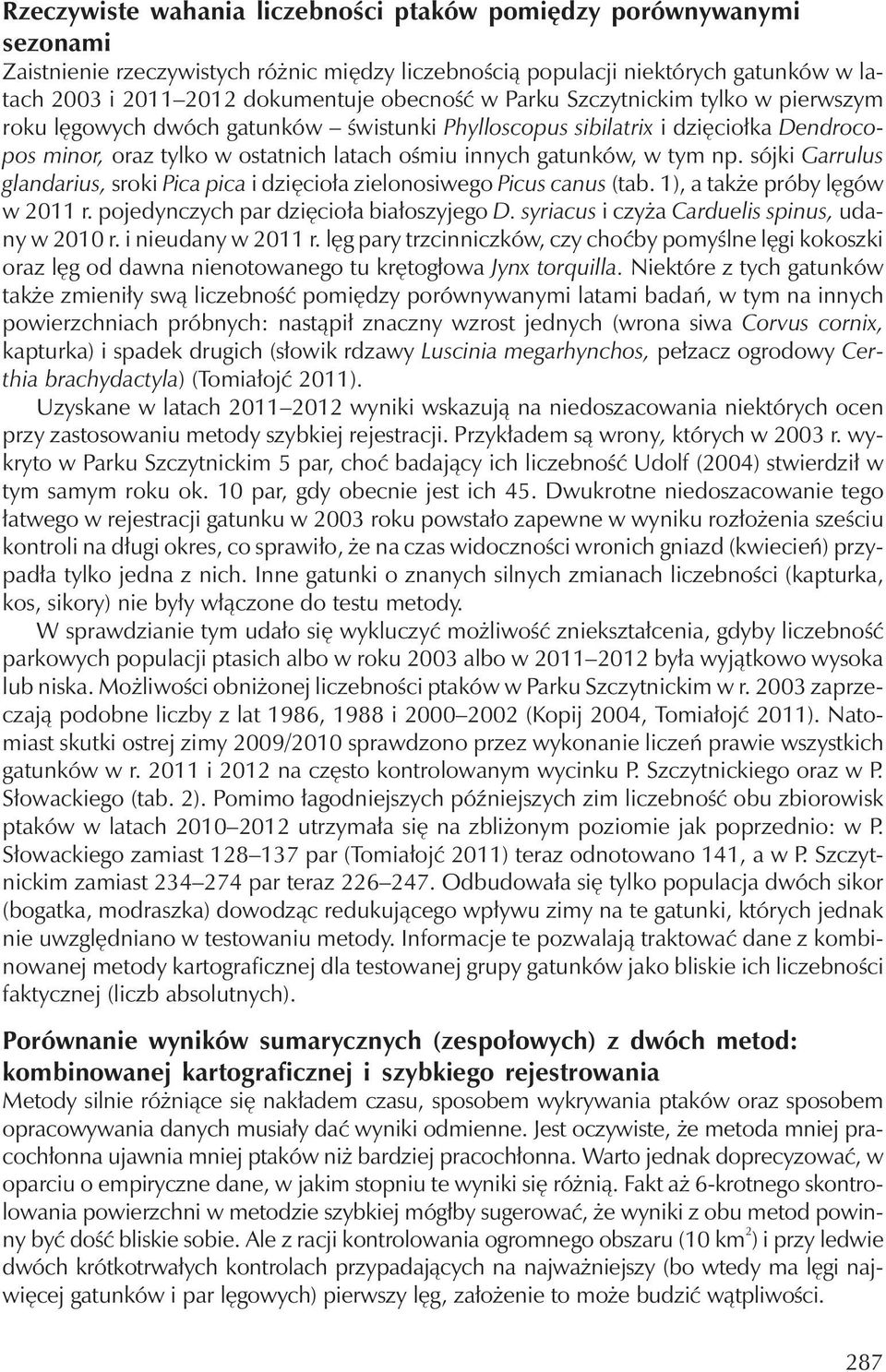 sójki Garrulus glandarius, sroki Pica pica i dzięcioła zielonosiwego Picus canus (tab. 1), a także próby lęgów w 2011 r. pojedynczychpar dzięcioła białoszyjego D.