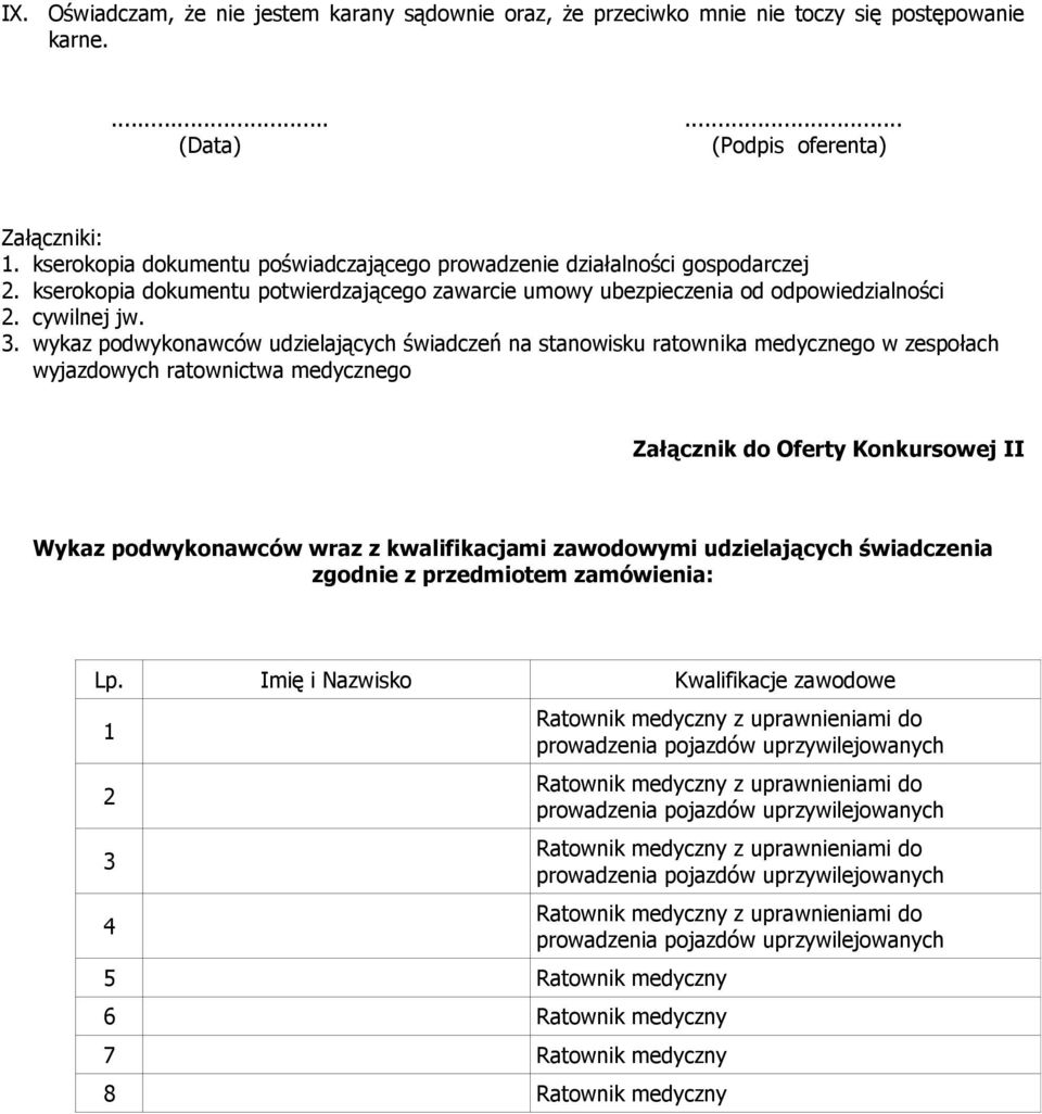 wykaz podwykonawców udzielających świadczeń na stanowisku ratownika medycznego w zespołach wyjazdowych ratownictwa medycznego Załącznik do Oferty Konkursowej II Wykaz podwykonawców