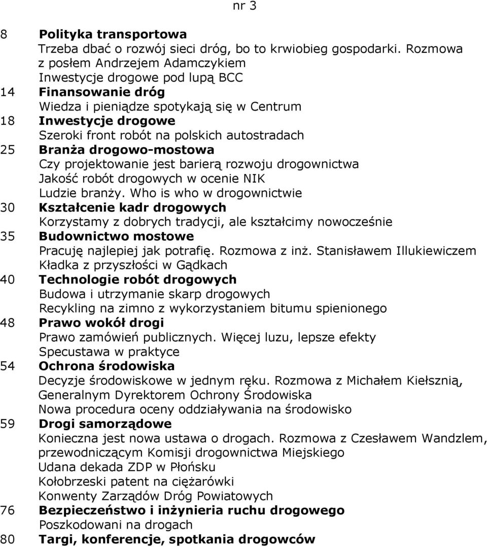 autostradach 25 BranŜa drogowo-mostowa Czy projektowanie jest barierą rozwoju drogownictwa Jakość robót drogowych w ocenie NIK Ludzie branŝy.