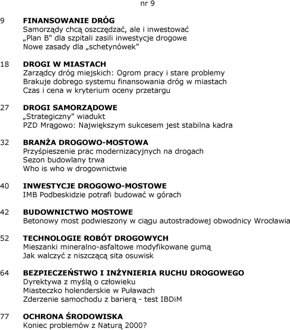 stabilna kadra 32 BRANśA DROGOWO-MOSTOWA Przyśpieszenie prac modernizacyjnych na drogach Sezon budowlany trwa Who is who w drogownictwie 40 INWESTYCJE DROGOWO-MOSTOWE IMB Podbeskidzie potrafi budować