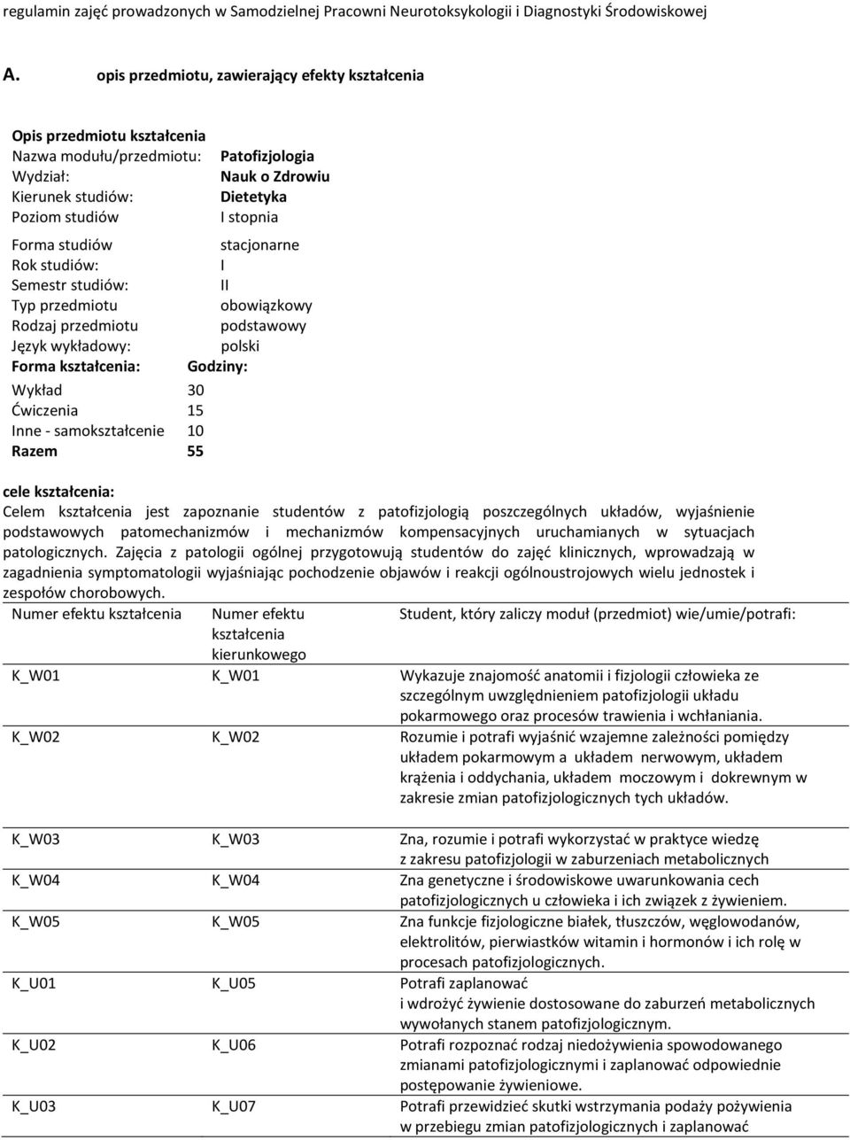 studiów Rok studiów: Semestr studiów: Typ przedmiotu Rodzaj przedmiotu Język wykładowy: Forma kształcenia: Wykład 30 Ćwiczenia 15 Inne - samokształcenie 10 Razem 55 stacjonarne I II obowiązkowy