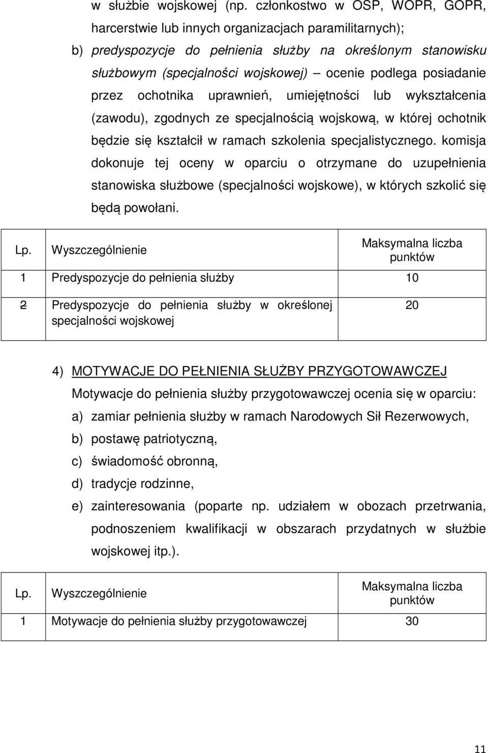 posiadanie przez ochotnika uprawnień, umiejętności lub wykształcenia (zawodu), zgodnych ze specjalnością wojskową, w której ochotnik będzie się kształcił w ramach szkolenia specjalistycznego.