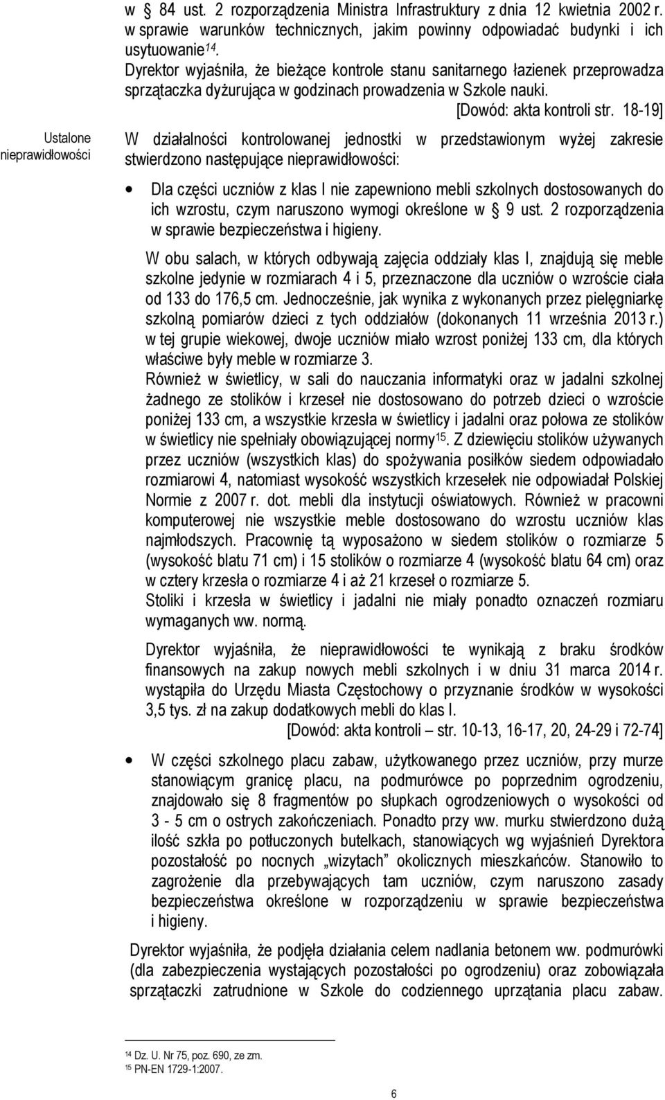 18-19] W działalności kontrolowanej jednostki w przedstawionym wyżej zakresie stwierdzono następujące nieprawidłowości: Dla części uczniów z klas I nie zapewniono mebli szkolnych dostosowanych do ich