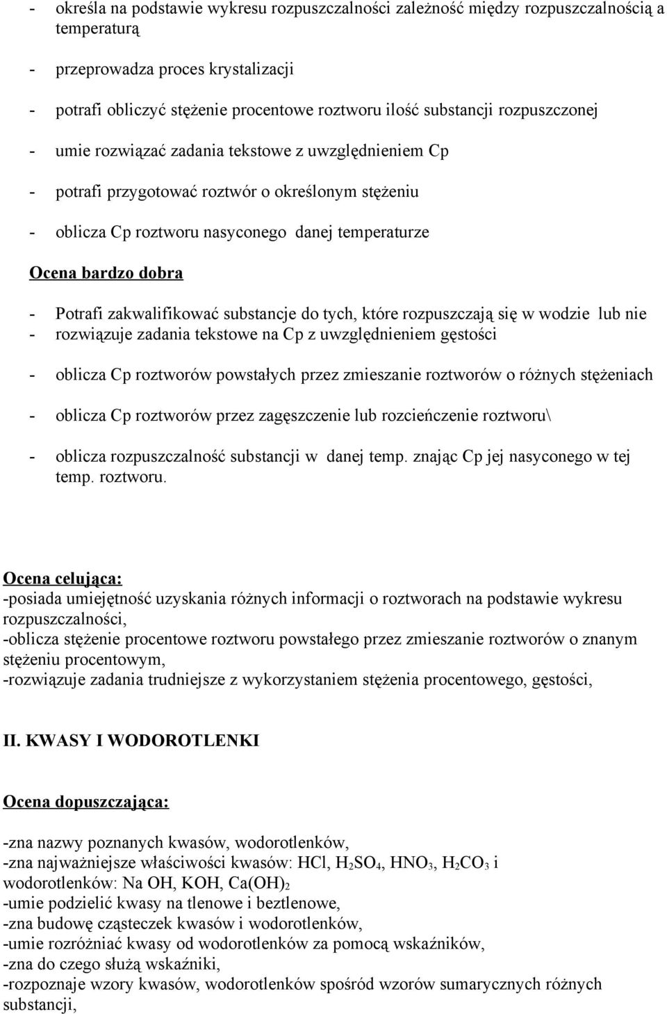 Potrafi zakwalifikować substancje do tych, które rozpuszczają się w wodzie lub nie - rozwiązuje zadania tekstowe na Cp z uwzględnieniem gęstości - oblicza Cp roztworów powstałych przez zmieszanie