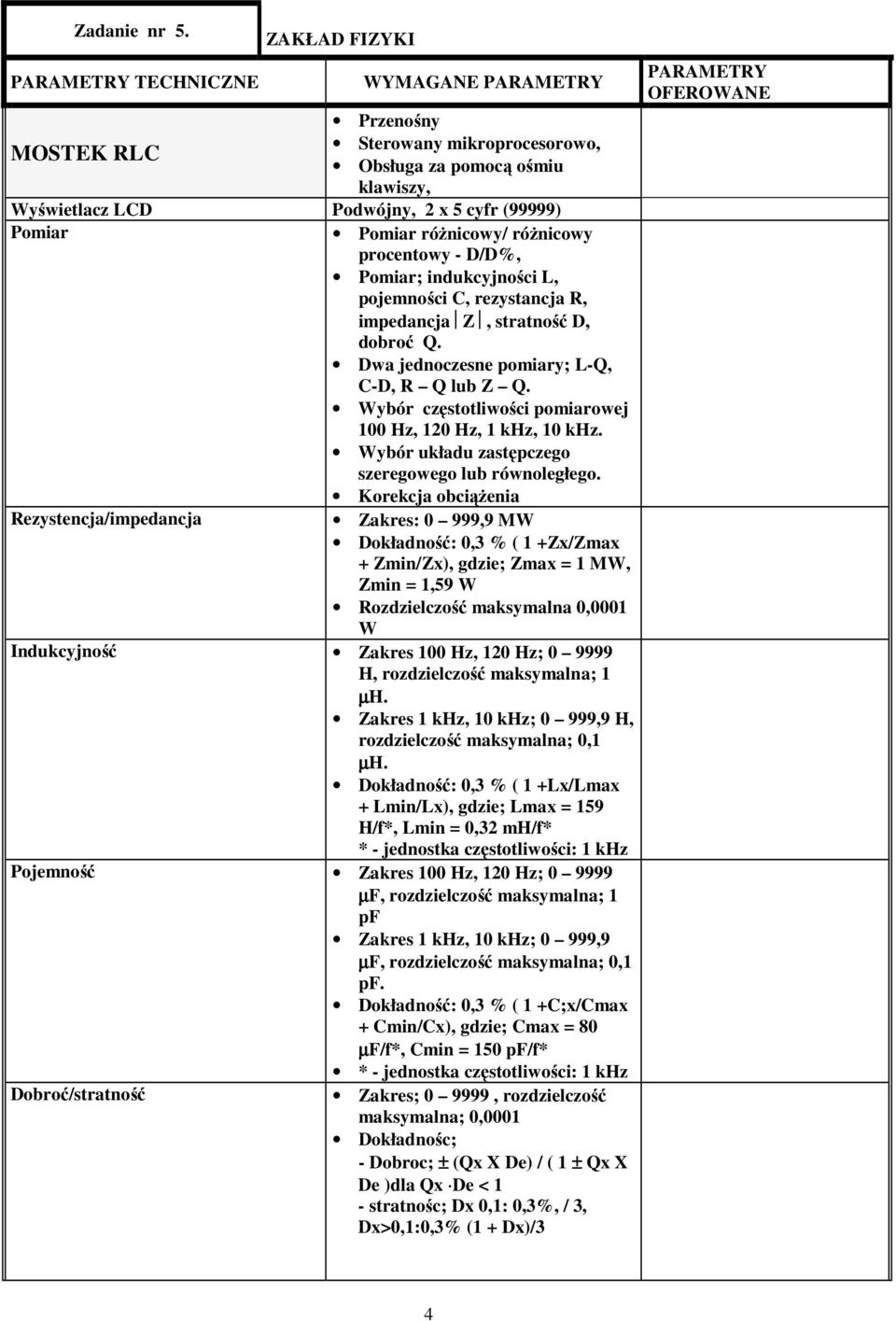 róŝnicowy/ róŝnicowy procentowy - D/D%, Pomiar; indukcyjności L, pojemności C, rezystancja R, impedancja Z, stratność D, dobroć Q. Dwa jednoczesne pomiary; L-Q, C-D, R Q lub Z Q.