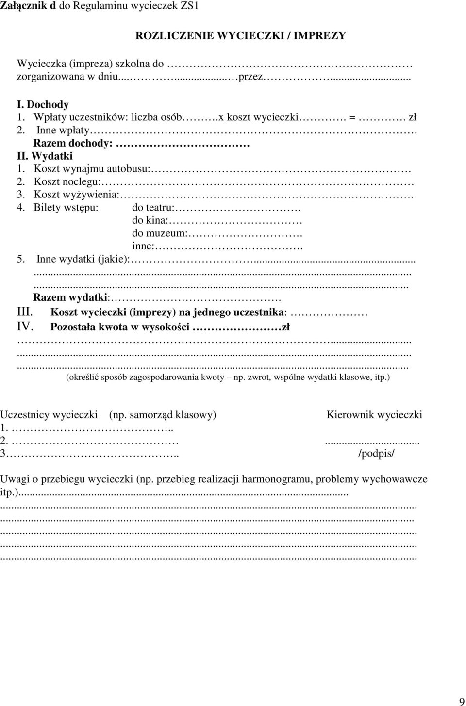 Inne wydatki (jakie):......... Razem wydatki:. Koszt wycieczki (imprezy) na jednego uczestnika: III. IV. Pozostała kwota w wysokości zł......... (określić sposób zagospodarowania kwoty np.