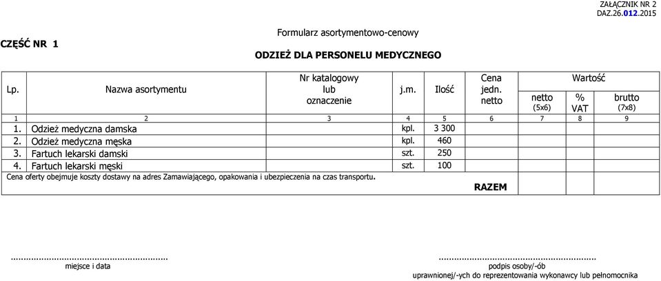 Odzież medyczna męska kpl. 460 3. Fartuch lekarski damski szt. 250 4. Fartuch lekarski męski szt.