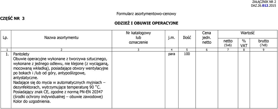 Pantolety Obuwie operacyjne wykonane z tworzywa sztucznego, wykonane z jednego odlewu, nie klejone (z wyciąganą, mocowaną wkładką), posiadające otwory wentylacyjne po