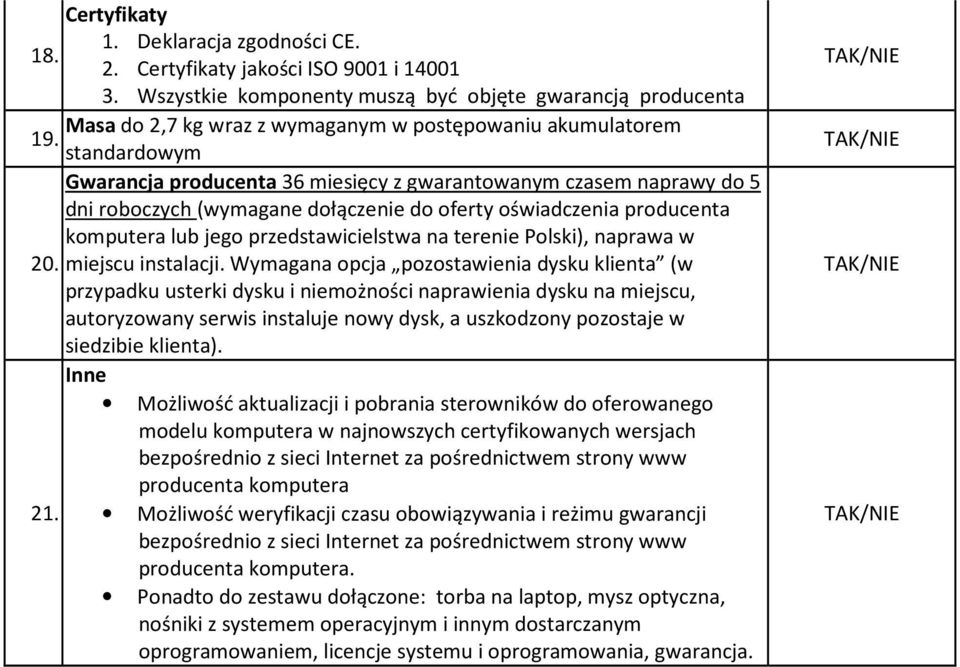 standardowym Gwarancja producenta 36 miesięcy z gwarantowanym czasem naprawy do 5 dni roboczych (wymagane dołączenie do oferty oświadczenia producenta komputera lub jego przedstawicielstwa na terenie